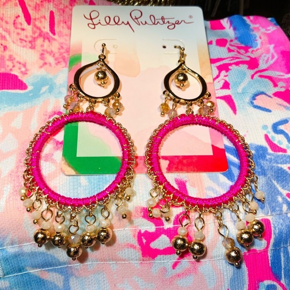LILLY PULITZER NWT EARRINGS BEACHCOMBER Gypsy Boho HOT PINK ⭐️DANGLING  /Pierced - Picture 12 of 16